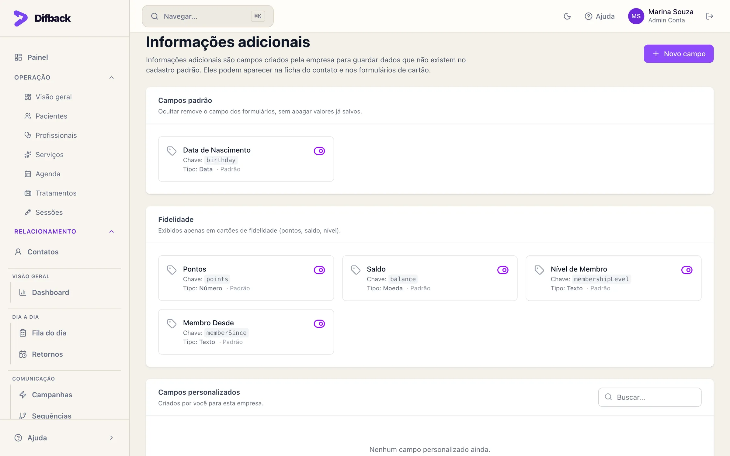 Tela Informações adicionais com os dados do cadastro, os campos da empresa e os campos de fidelidade