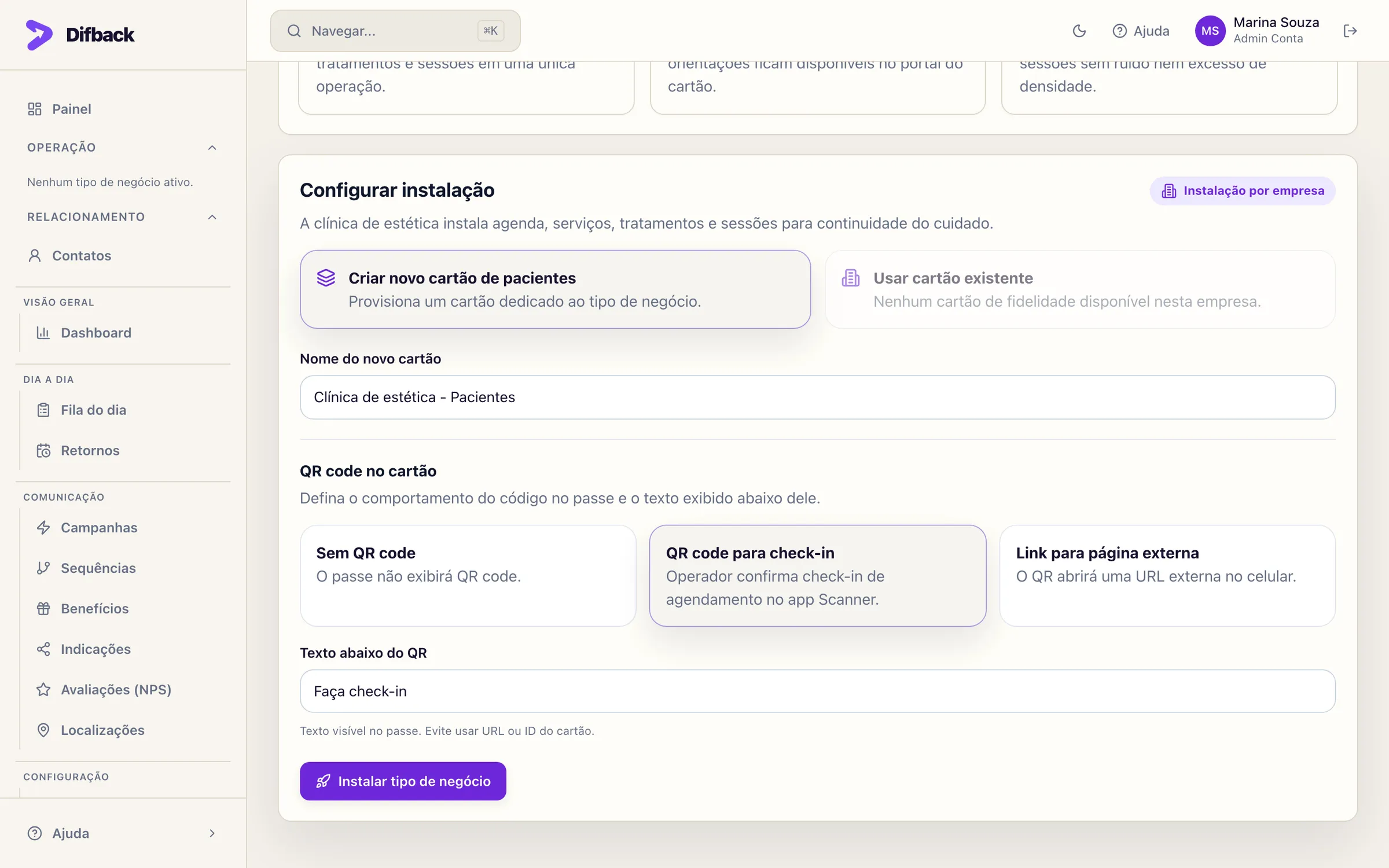 Formulário Configurar instalação com opção de criar cartão de pacientes e comportamento do QR code