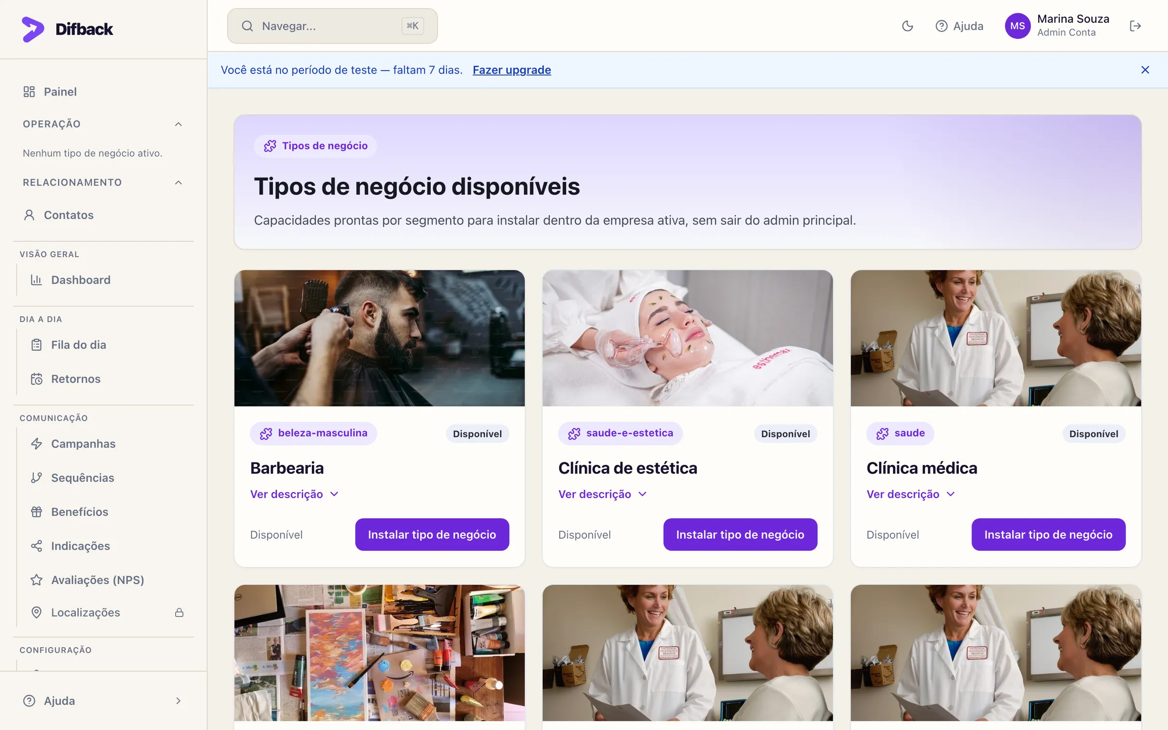 Catálogo de tipos de negócio com Barbearia, Clínica de estética, Clínica médica, Odontologia, Pet e Salão de beleza